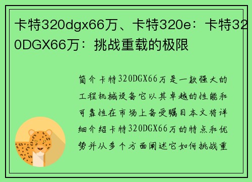 卡特320dgx66万、卡特320e：卡特320DGX66万：挑战重载的极限