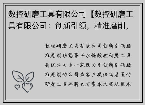 数控研磨工具有限公司【数控研磨工具有限公司：创新引领，精准磨削，助您事半功倍】