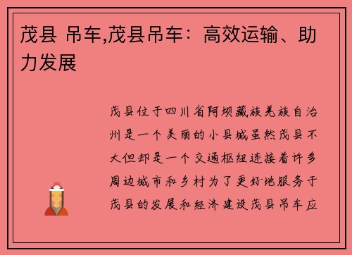 茂县 吊车,茂县吊车：高效运输、助力发展